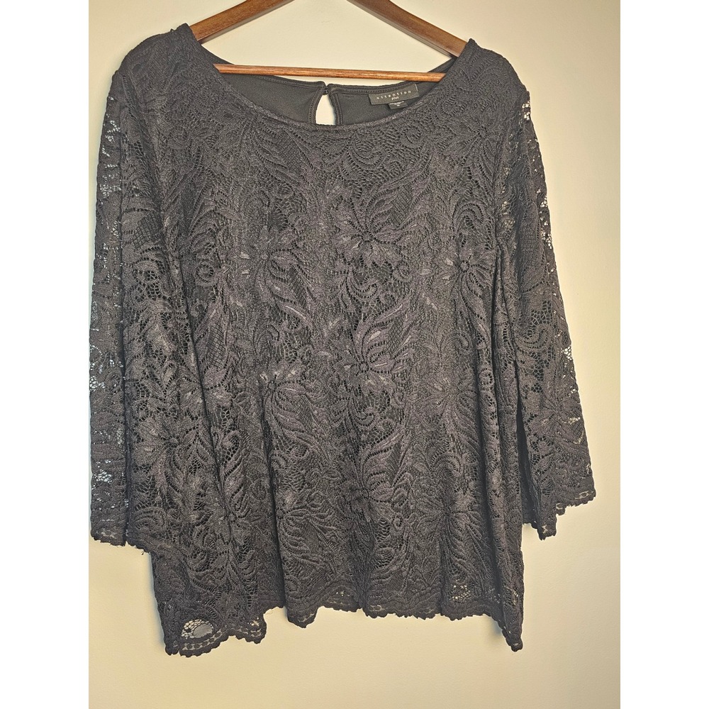 [Romantic] Attention Plus Lace Blouse Women 2X Black 3/4 Sleeve Floral Keyhole
